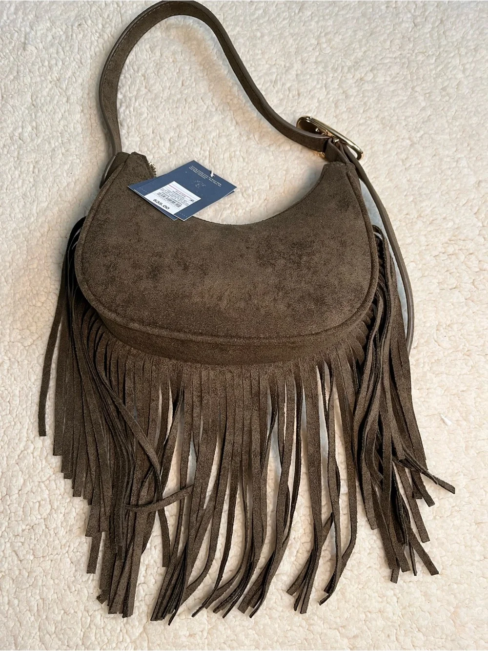 Fringe Faux Suede Shoulder Bag - Brown - Boho, Western New with Tags